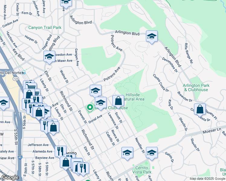 map of restaurants, bars, coffee shops, grocery stores, and more near 7318 Gladys Avenue in El Cerrito