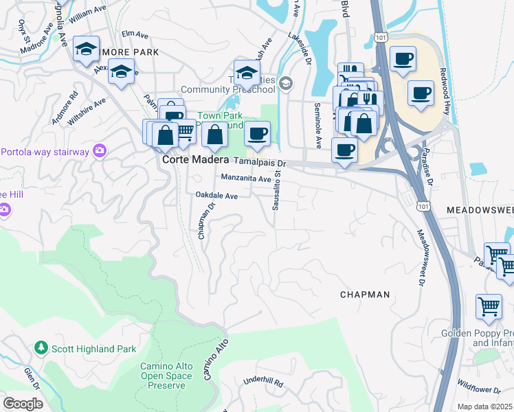 map of restaurants, bars, coffee shops, grocery stores, and more near 17 Buena Vista Avenue in Mill Valley