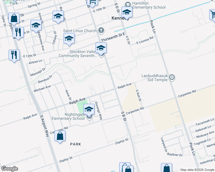 map of restaurants, bars, coffee shops, grocery stores, and more near 1923 Ralph Avenue in Stockton