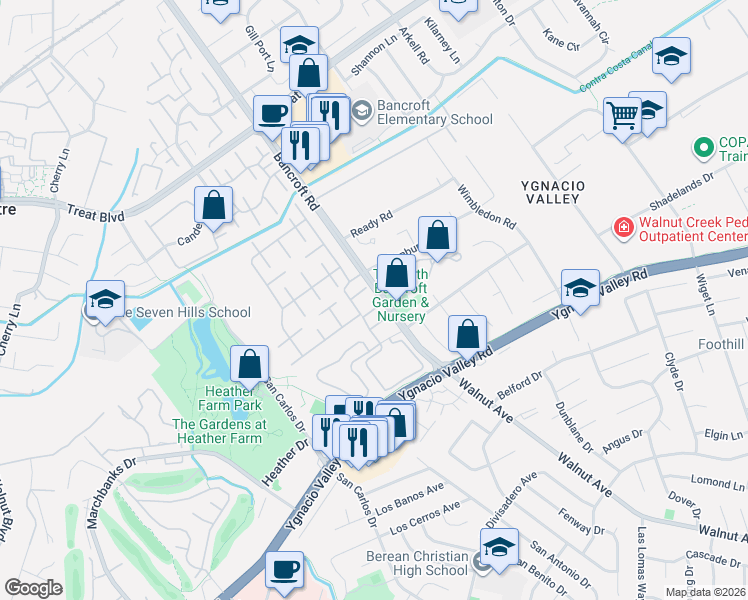map of restaurants, bars, coffee shops, grocery stores, and more near 2030 Julius Court in Walnut Creek