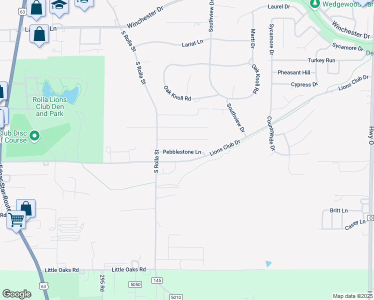 map of restaurants, bars, coffee shops, grocery stores, and more near 221 Pebblestone Lane in Rolla