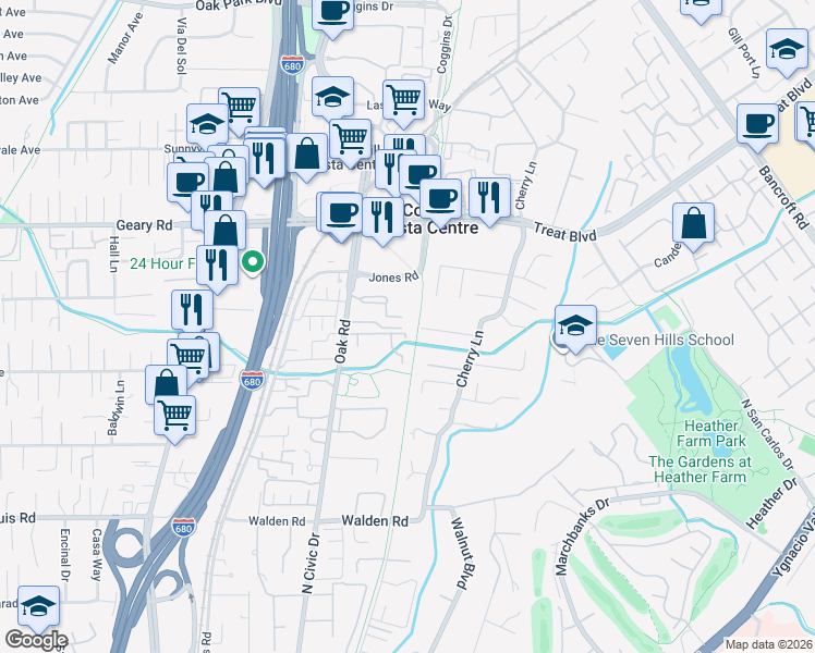 map of restaurants, bars, coffee shops, grocery stores, and more near 353 Parnell Court in Walnut Creek