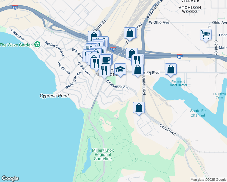map of restaurants, bars, coffee shops, grocery stores, and more near 17 Montana Street in Richmond