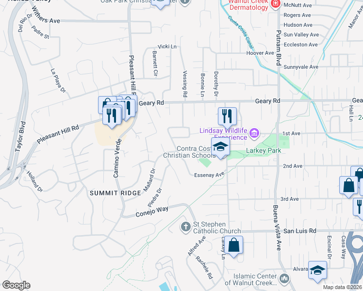 map of restaurants, bars, coffee shops, grocery stores, and more near 2084 Mallard Drive in Walnut Creek