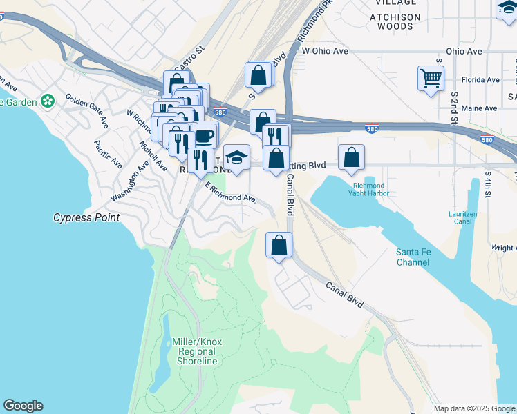 map of restaurants, bars, coffee shops, grocery stores, and more near 331 East Richmond Avenue in Richmond