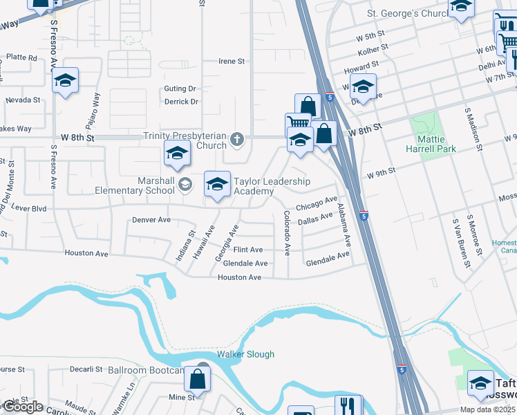 map of restaurants, bars, coffee shops, grocery stores, and more near 1141 Lever Boulevard in Stockton