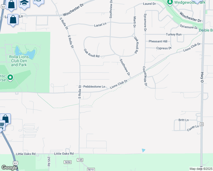 map of restaurants, bars, coffee shops, grocery stores, and more near 319 Pebblestone Lane in Rolla