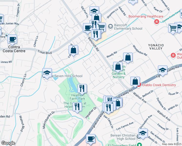map of restaurants, bars, coffee shops, grocery stores, and more near 575 Europa Court in Walnut Creek