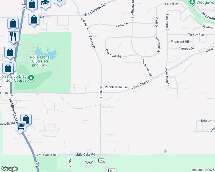 map of restaurants, bars, coffee shops, grocery stores, and more near 211 Pebblestone Lane in Rolla