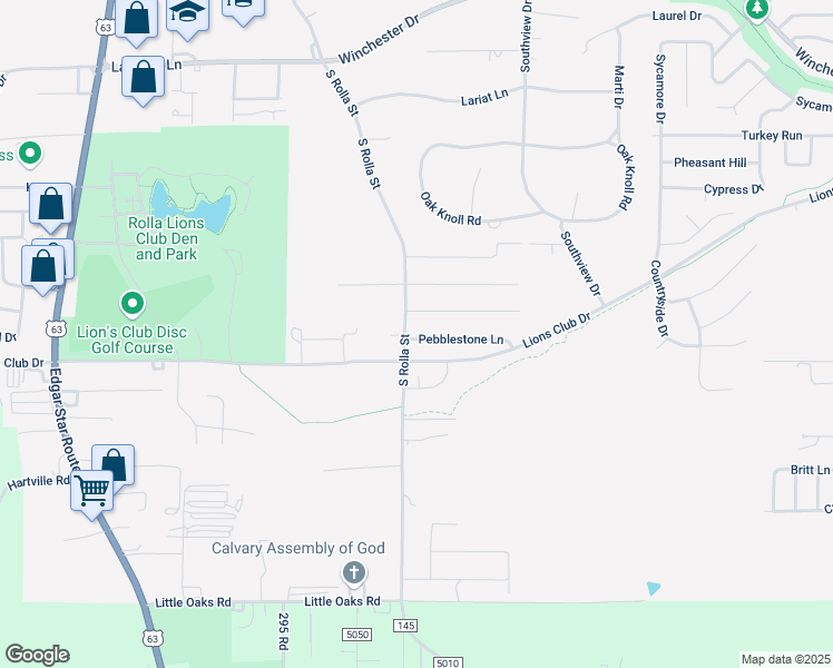 map of restaurants, bars, coffee shops, grocery stores, and more near 205 Pebblestone Lane in Rolla