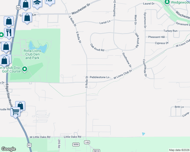 map of restaurants, bars, coffee shops, grocery stores, and more near 217 Pebblestone Lane in Rolla