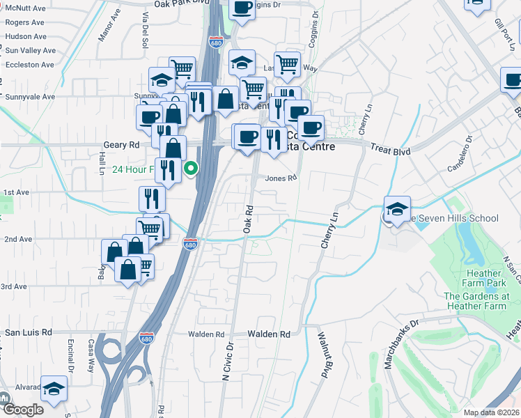 map of restaurants, bars, coffee shops, grocery stores, and more near 2708 Oak Road in Walnut Creek