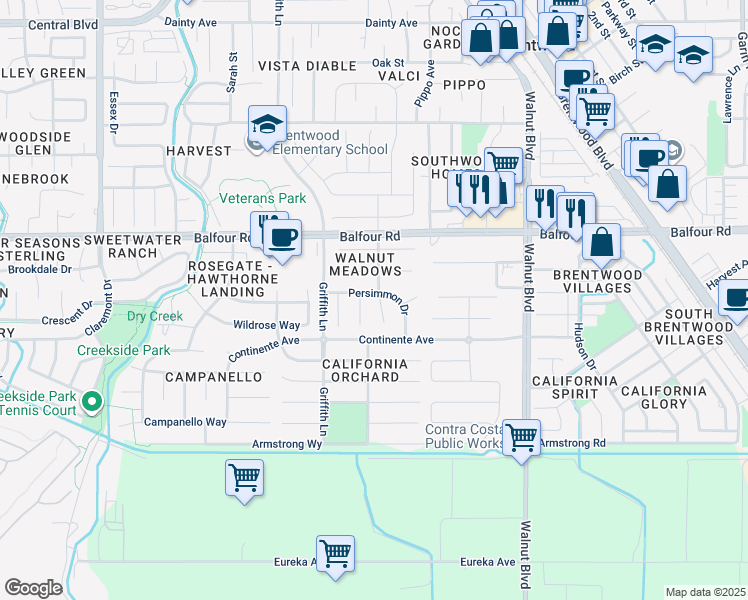 map of restaurants, bars, coffee shops, grocery stores, and more near 350 Persimmon Drive in Brentwood