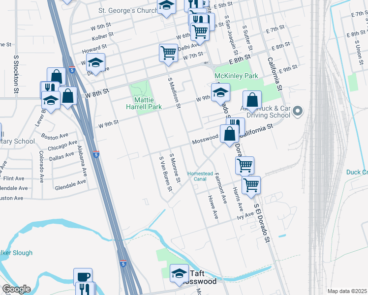 map of restaurants, bars, coffee shops, grocery stores, and more near 222 Mosswood Avenue in Stockton