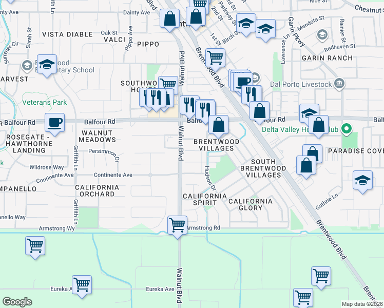 map of restaurants, bars, coffee shops, grocery stores, and more near 121 Knightsbridge Court in Brentwood