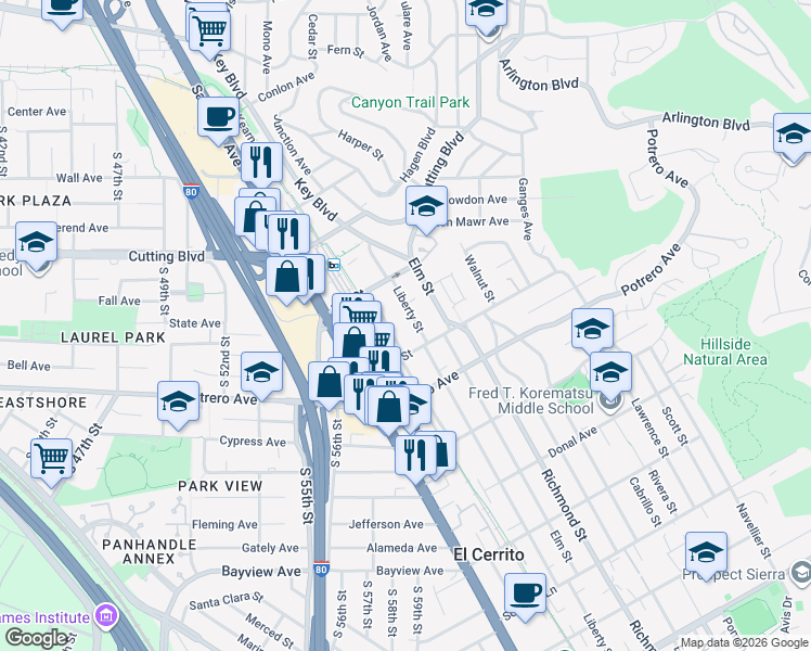 map of restaurants, bars, coffee shops, grocery stores, and more near 1725 Liberty Street in El Cerrito