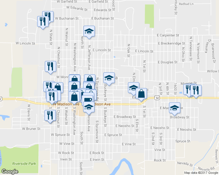map of restaurants, bars, coffee shops, grocery stores, and more near 399 E Jackson Ave in Iola