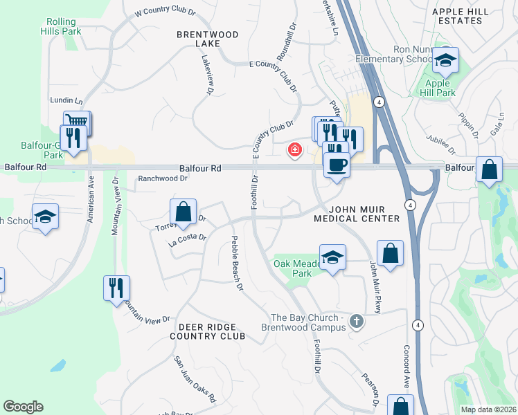 map of restaurants, bars, coffee shops, grocery stores, and more near 101 Pebble Court in Brentwood