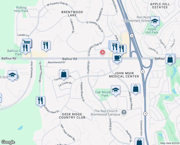 map of restaurants, bars, coffee shops, grocery stores, and more near 101 Pebble Court in Brentwood