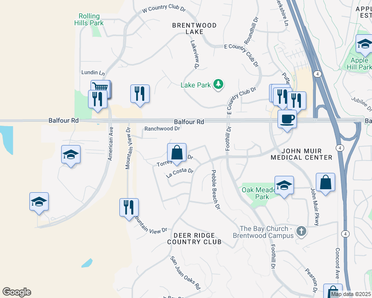 map of restaurants, bars, coffee shops, grocery stores, and more near 268 Pebble Beach Drive in Brentwood