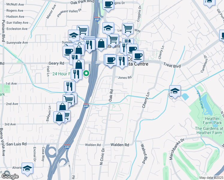 map of restaurants, bars, coffee shops, grocery stores, and more near Oak Rd & Parnell Ct in Walnut Creek