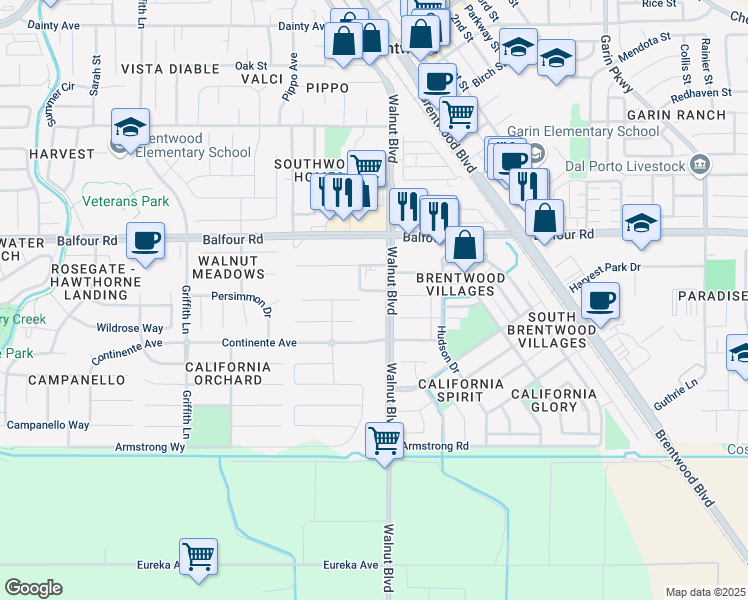 map of restaurants, bars, coffee shops, grocery stores, and more near 3381 Walnut Boulevard in Brentwood