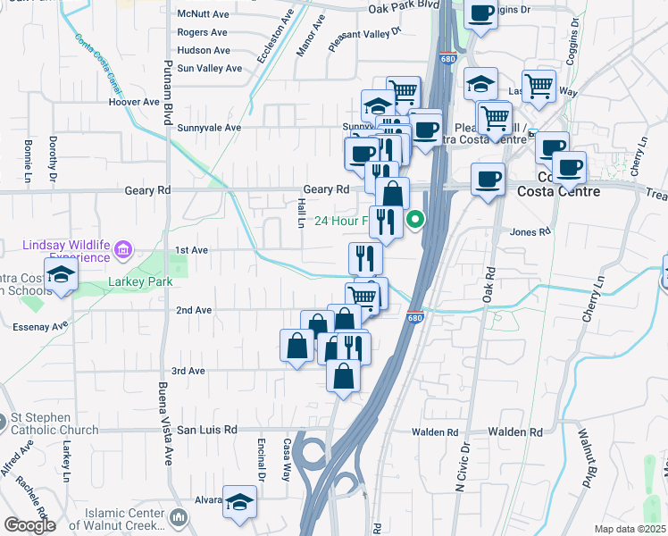 map of restaurants, bars, coffee shops, grocery stores, and more near 301 Meghan Lane in Walnut Creek