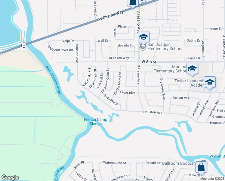 map of restaurants, bars, coffee shops, grocery stores, and more near 2075 De La Vega Court in Stockton