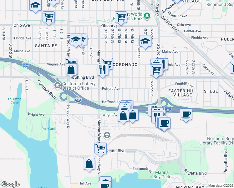 map of restaurants, bars, coffee shops, grocery stores, and more near 650 South 16th Street in Richmond