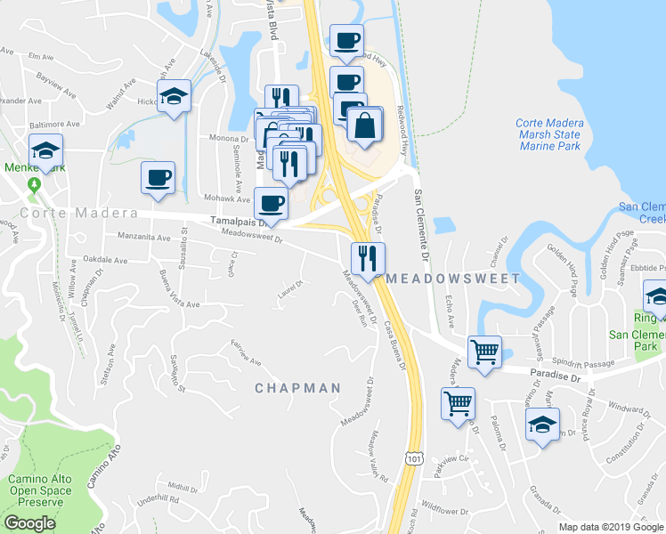 map of restaurants, bars, coffee shops, grocery stores, and more near 35 Deer Run in Corte Madera