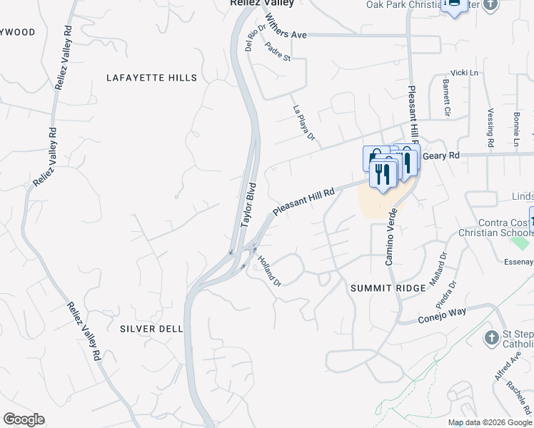 map of restaurants, bars, coffee shops, grocery stores, and more near 1537 Pleasant Hill Road in Lafayette