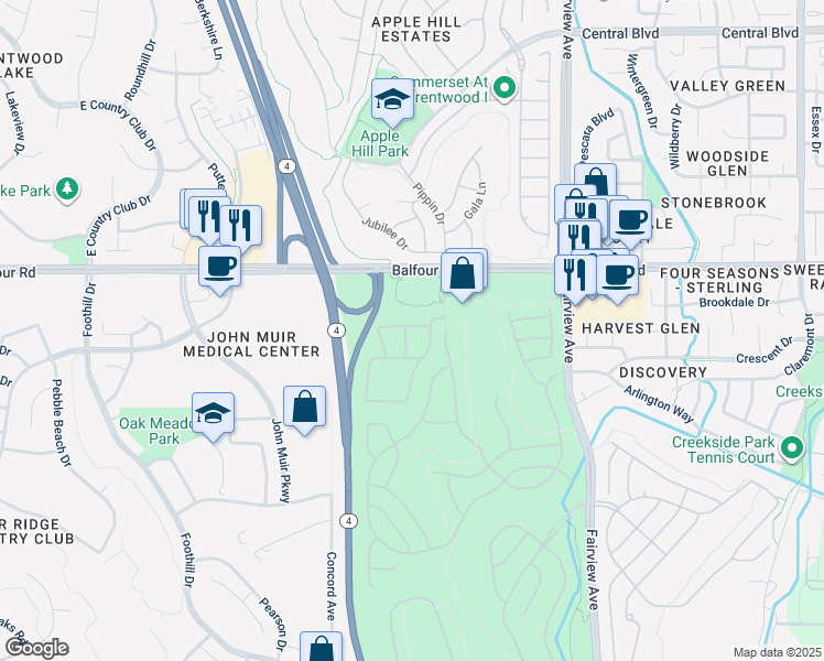 map of restaurants, bars, coffee shops, grocery stores, and more near 102 Coral Street in Brentwood