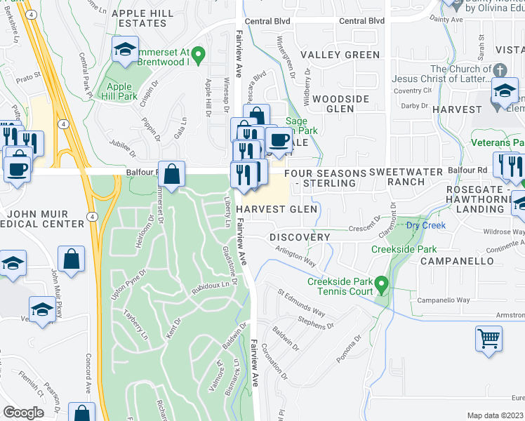 map of restaurants, bars, coffee shops, grocery stores, and more near 101 York Court in Brentwood