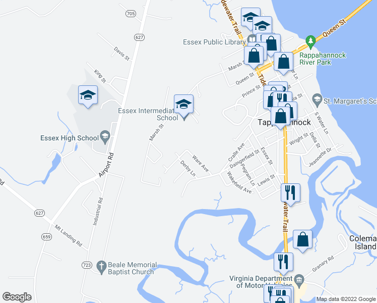 map of restaurants, bars, coffee shops, grocery stores, and more near 963 Tanyard Drive in Tappahannock
