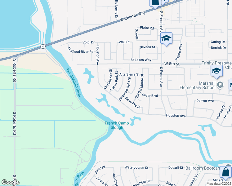 map of restaurants, bars, coffee shops, grocery stores, and more near 2225 Houston Avenue in Stockton