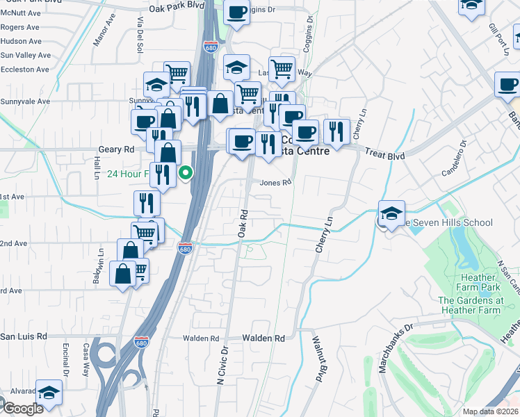map of restaurants, bars, coffee shops, grocery stores, and more near 2716 Oak Road in Walnut Creek