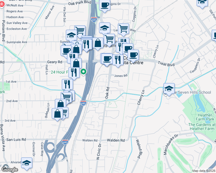 map of restaurants, bars, coffee shops, grocery stores, and more near 302 Parnell Court in Walnut Creek