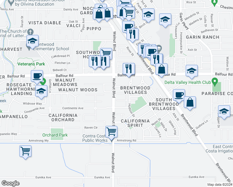 map of restaurants, bars, coffee shops, grocery stores, and more near 63 Lexington Court in Brentwood