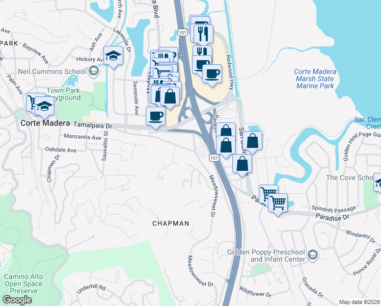 map of restaurants, bars, coffee shops, grocery stores, and more near 801 Meadowsweet Drive in Corte Madera