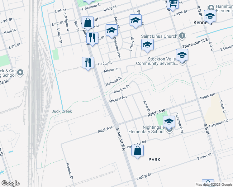 map of restaurants, bars, coffee shops, grocery stores, and more near 1465 Michael Avenue in Stockton