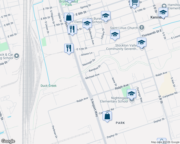 map of restaurants, bars, coffee shops, grocery stores, and more near 2929 Phelps Street in Stockton