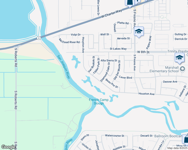 map of restaurants, bars, coffee shops, grocery stores, and more near 2225 Houston Avenue in Stockton