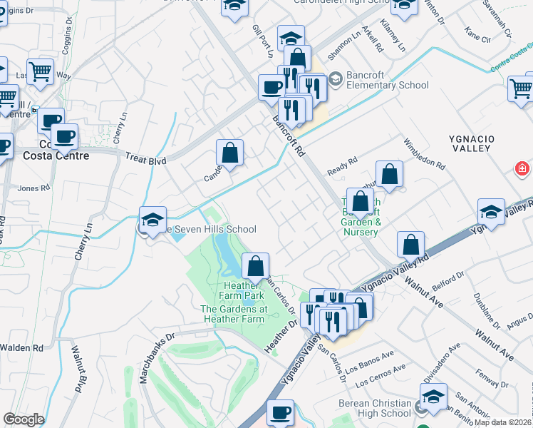 map of restaurants, bars, coffee shops, grocery stores, and more near 554 Vía Appia in Walnut Creek