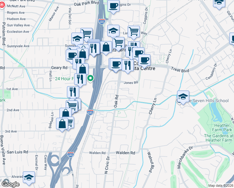 map of restaurants, bars, coffee shops, grocery stores, and more near 302 Parnell Court in Walnut Creek