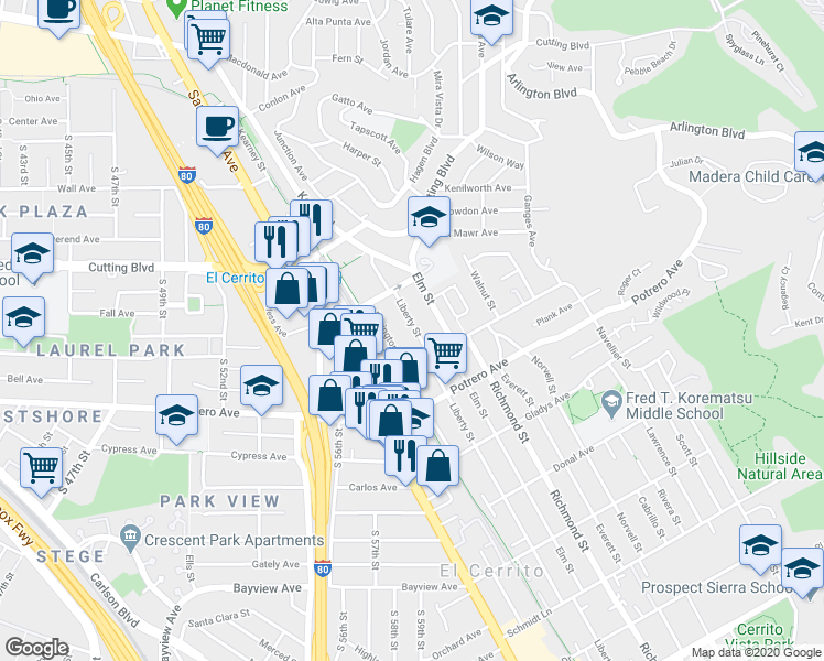 map of restaurants, bars, coffee shops, grocery stores, and more near 1716 Lexington Avenue in El Cerrito