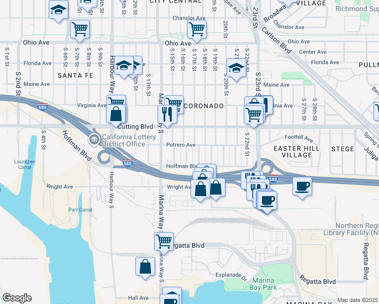map of restaurants, bars, coffee shops, grocery stores, and more near 650 South 16th Street in Richmond
