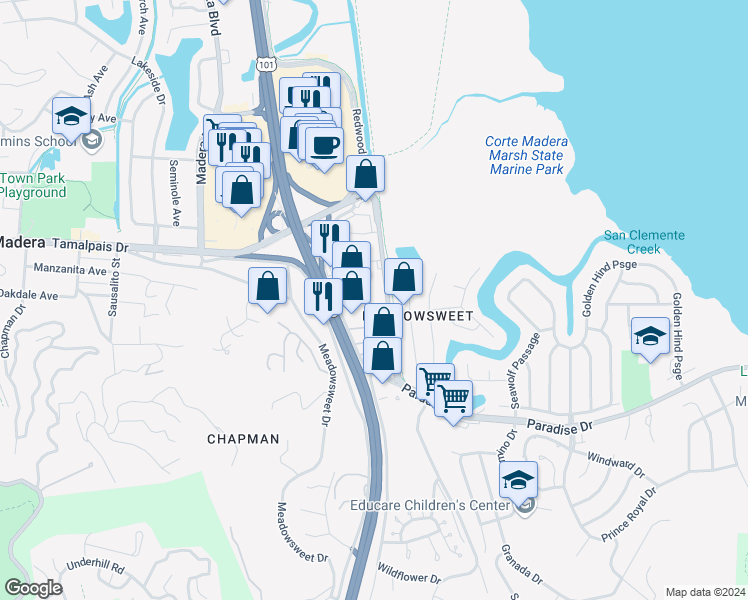 map of restaurants, bars, coffee shops, grocery stores, and more near in Corte Madera