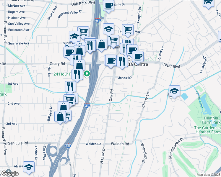 map of restaurants, bars, coffee shops, grocery stores, and more near 178 Oak Circle in Walnut Creek