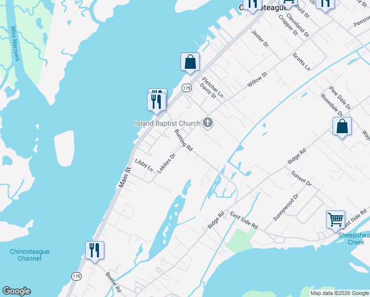 map of restaurants, bars, coffee shops, grocery stores, and more near 7134 Bunting Road in Chincoteague