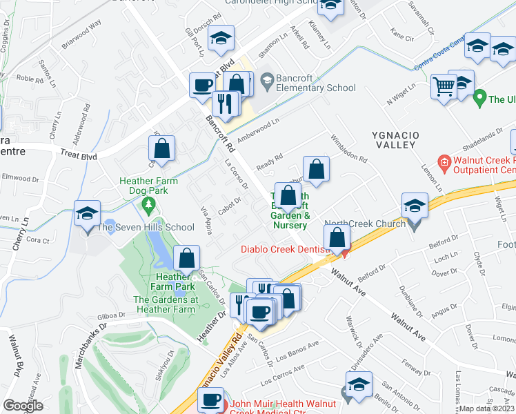 map of restaurants, bars, coffee shops, grocery stores, and more near 469 La Corso Circle in Walnut Creek